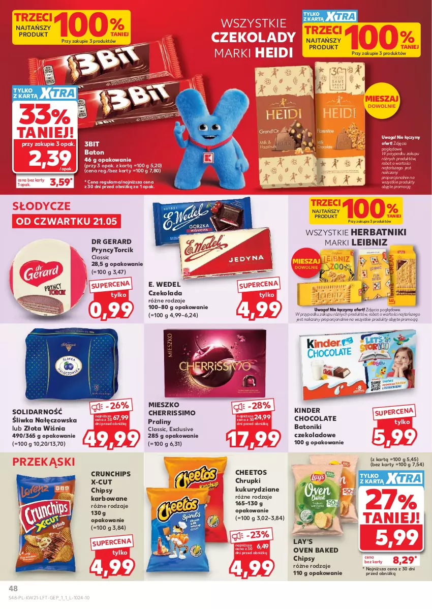 Gazetka promocyjna Kaufland - Gazetka tygodnia - ważna 21.05 do 27.05.2026 - strona 48 - produkty: Baton, Cheetos, Chipsy, Chrupki, Crunchips, Czekolada, Dr Gerard, E. Wedel, Herbatniki, Kinder, Lay’s, Por, Praliny, Tonik, Waga