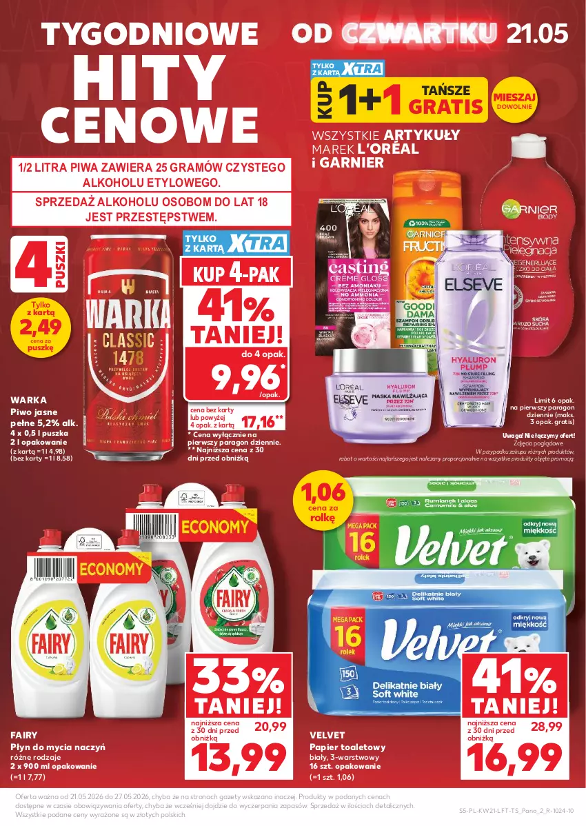 Gazetka promocyjna Kaufland - Gazetka tygodnia - ważna 21.05 do 27.05.2026 - strona 5 - produkty: Do mycia naczyń, Fa, Fairy, Garnier, Gra, L’Oréal, Papier, Papier toaletowy, Piwa, Piwo, Piwo jasne, Płyn do mycia, Płyn do mycia naczyń, Por, Velvet, Waga, Warka