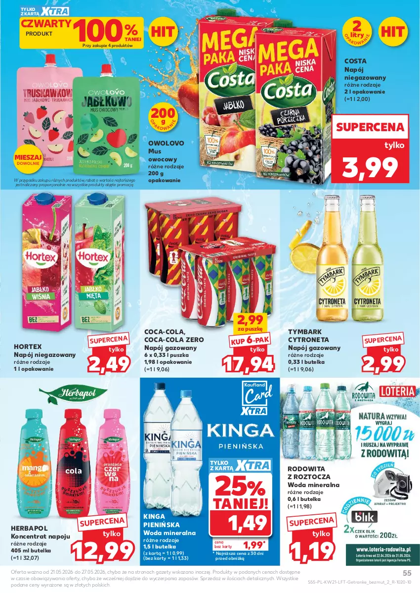 Gazetka promocyjna Kaufland - Gazetka tygodnia - ważna 21.05 do 27.05.2026 - strona 55 - produkty: Coca-Cola, Herbapol, Hortex, Mus, Napój, Napój gazowany, Napój niegazowany, Por, Tran, Tymbark, Woda, Woda mineralna