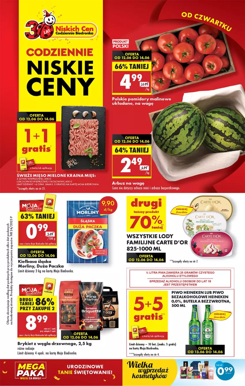 Gazetka promocyjna Biedronka - Od Czwartku - ważna 12.06 do 18.06.2025 - strona 1 - produkty: Arbuz, Carte d'Or, Fa, Gra, Heineken, Kiełbasa, Kiełbasa śląska, Kret, Lody, Morliny, Piwa, Piwo