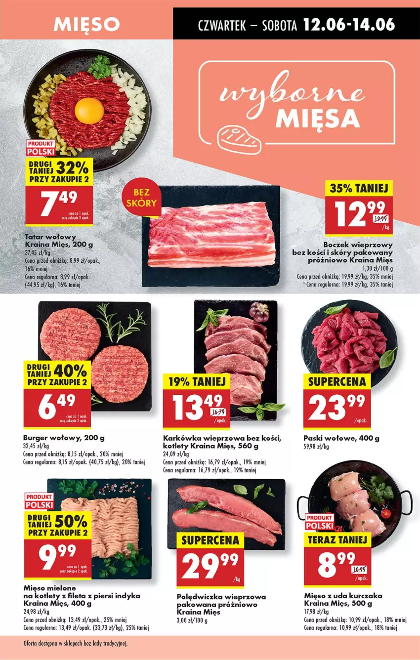 Gazetka promocyjna Biedronka - Od Czwartku - ważna 12.06 do 18.06.2025 - strona 29 - produkty: Boczek, Boczek wieprzowy, Burger, Karkówka wieprzowa, Kotlet, Kurczak, Mięso, Mięso mielone, Mięso z uda kurczaka, Polędwiczka wieprzowa, Tatar wołowy, Tera