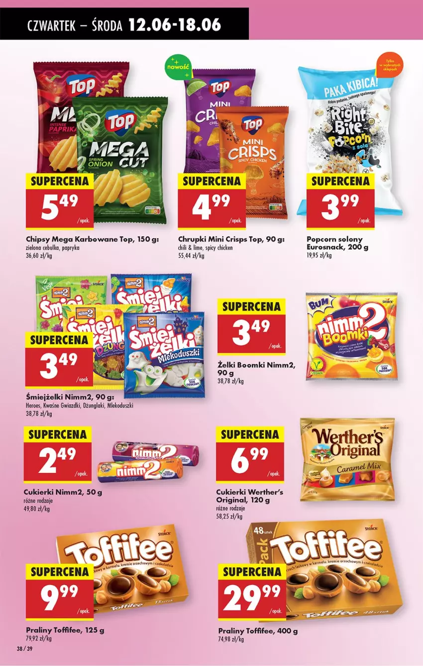 Gazetka promocyjna Biedronka - Od Czwartku - ważna 12.06 do 18.06.2025 - strona 52 - produkty: Chipsy, Chrupki, Cukier, Cukierki, Gin, Mleko, Nimm2, Papryka, Popcorn, Praliny, Toffifee, Top