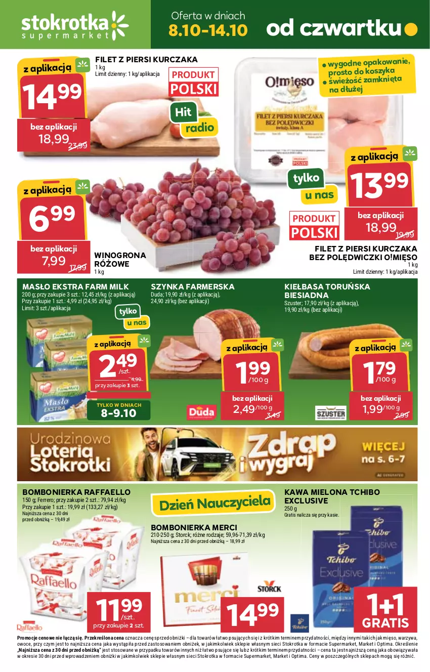 Gazetka promocyjna Stokrotka - Supermarket - ważna 08.10 do 14.10.2026 - strona 1 - produkty: Duda, Fa, Farm Milk, Ferrero, Filet z piersi kurczaka, Gra, Kawa, Kawa mielona, Kiełbasa, Kosz, Kurczak, Masło, Merci, Mięso, Optima, Owoce, Raffaello, Szynka, Szynka farmerska, Tchibo, Warzywa, Wino, Winogrona