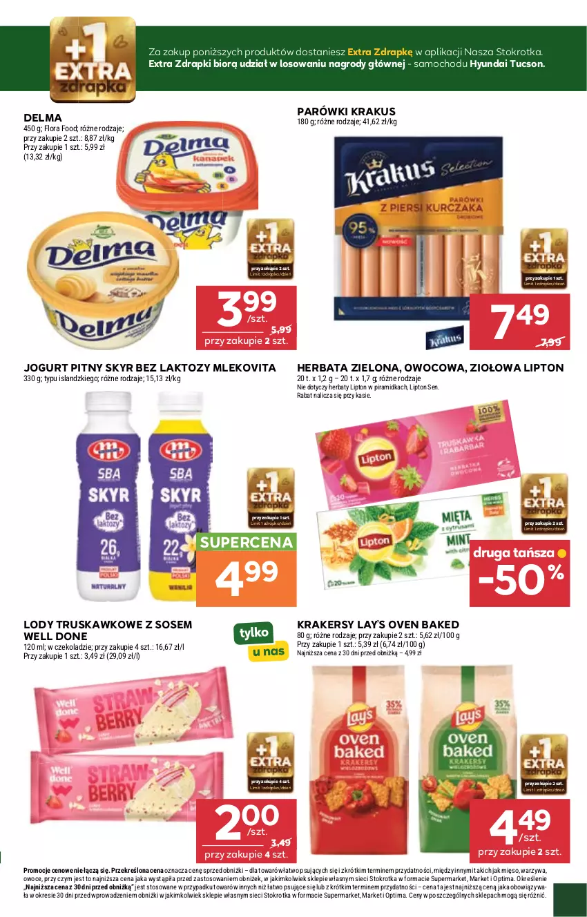 Gazetka promocyjna Stokrotka - Supermarket - ważna 08.10 do 14.10.2026 - strona 7 - produkty: Delma, Flora, Herbata, Isla, Jogurt, Jogurt pitny, Krakersy, Krakus, Lay’s, Lipton, Lody, Mięso, Mleko, Mlekovita, Optima, Owoce, Parówki, Sos, Warzywa
