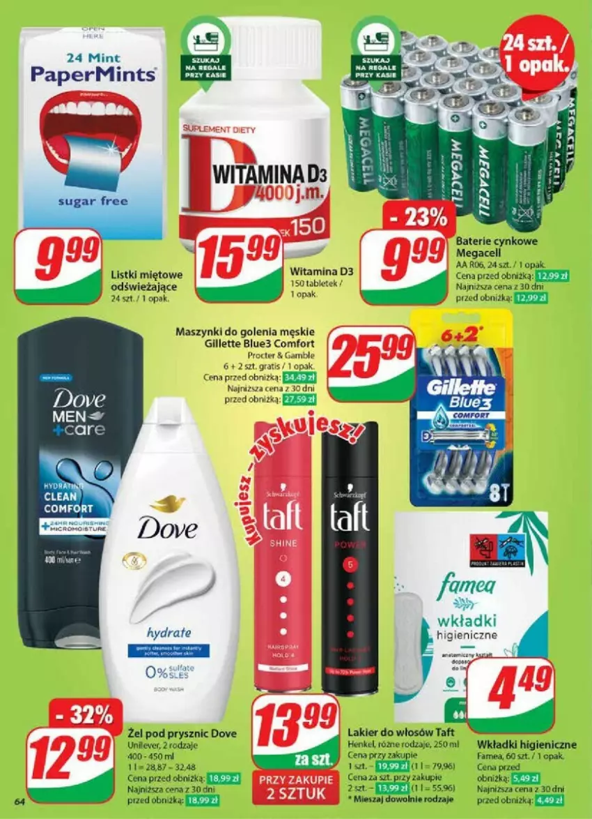 Gazetka promocyjna Dino - ważna 30.10 do 05.11.2024 - strona 61 - produkty: Atomic, Cynk, Dove, Fa, Gillette, Gra, Lakier, Lakier do włosów, Tablet, Taft, Wkładki