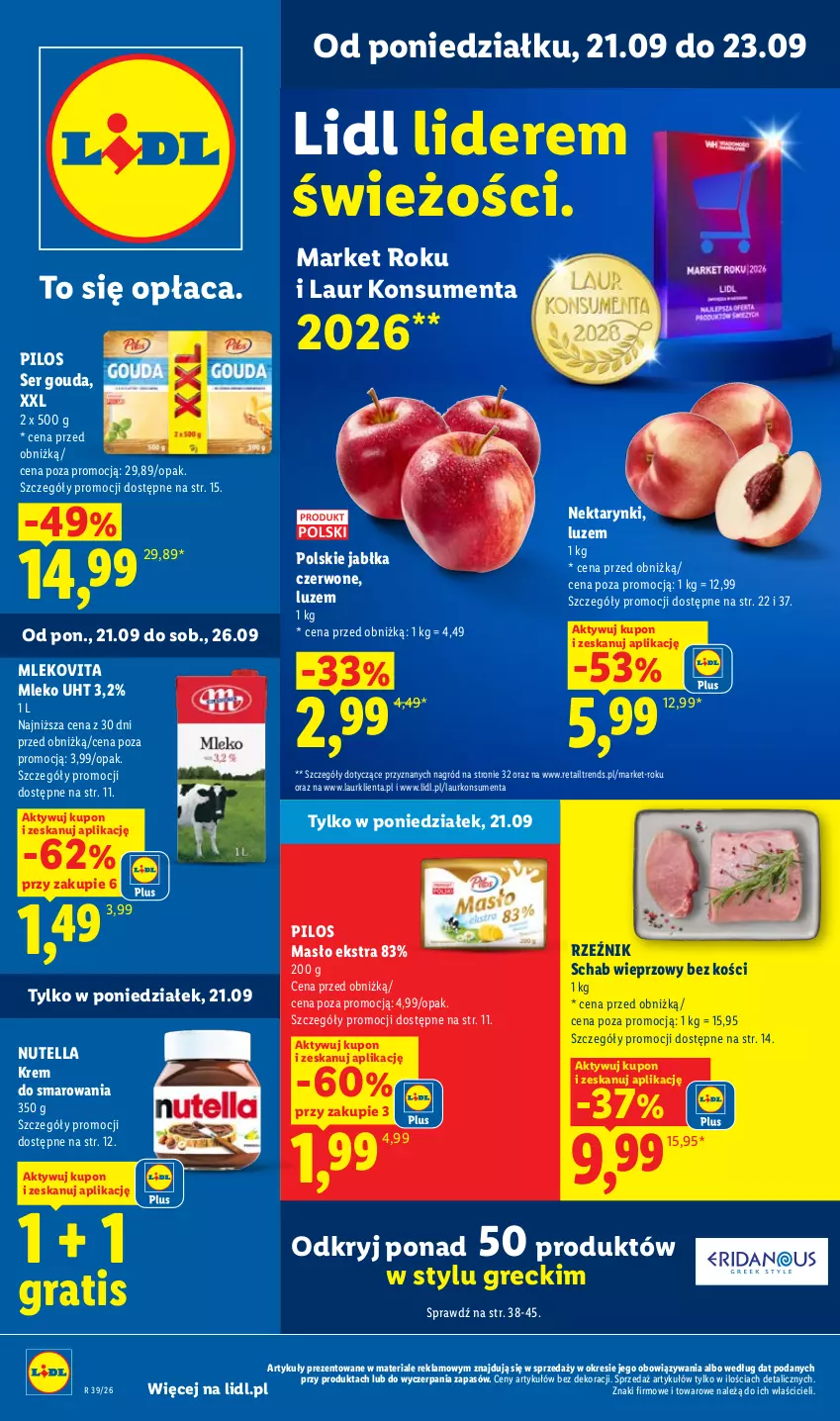 Gazetka promocyjna Lidl - Gazetka ważna od 21.09. do 23.09 - ważna 21.09 do 23.09.2026 - strona 1 - produkty: Gouda, Gra, Jabłka, Laur, Masło, Mleko, Mlekovita, Nektar, Nutella, Pilos, Schab wieprzowy, Ser