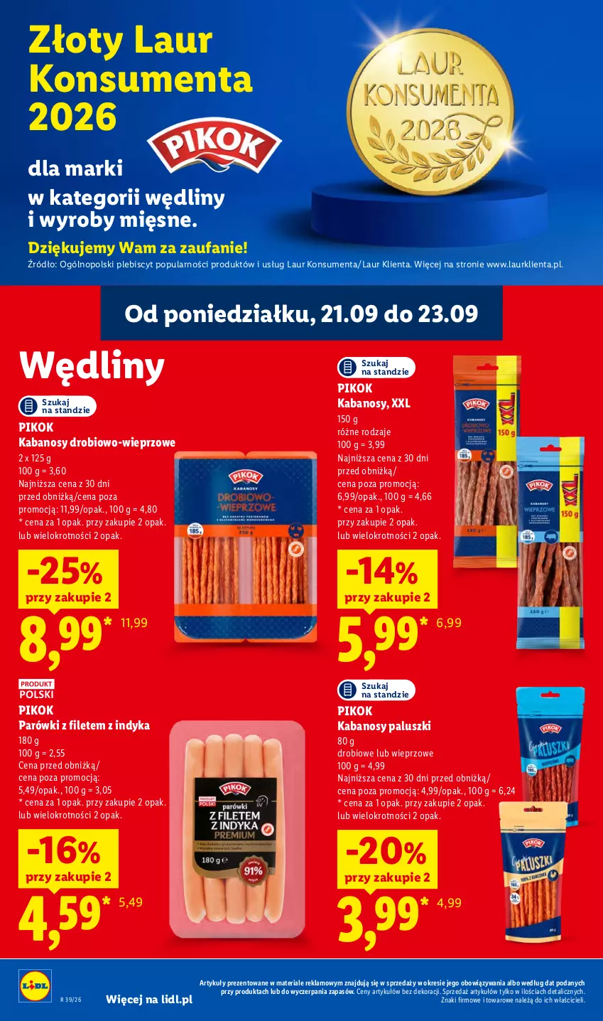 Gazetka promocyjna Lidl - Gazetka ważna od 21.09. do 23.09 - ważna 21.09 do 23.09.2026 - strona 62 - produkty: Fa, Kabanos, Laur, Parówki, PIKOK