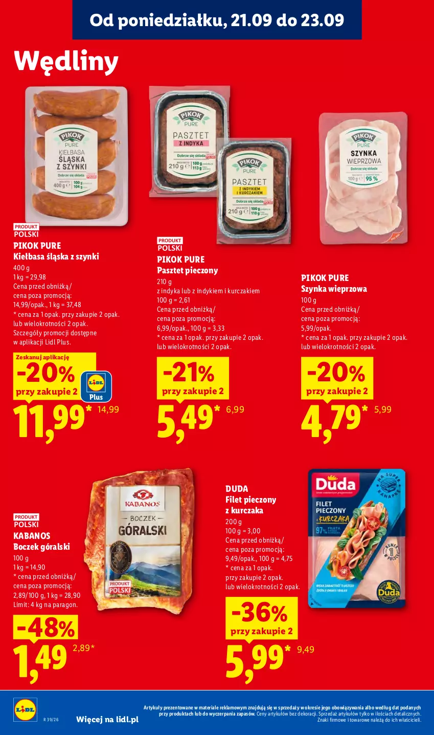 Gazetka promocyjna Lidl - Gazetka ważna od 21.09. do 23.09 - ważna 21.09 do 23.09.2026 - strona 64 - produkty: Boczek, Duda, Kabanos, Kiełbasa, Kiełbasa śląska, Kurczak, Pasztet, Piec, PIKOK, Pur, Szynka, Szynka wieprzowa