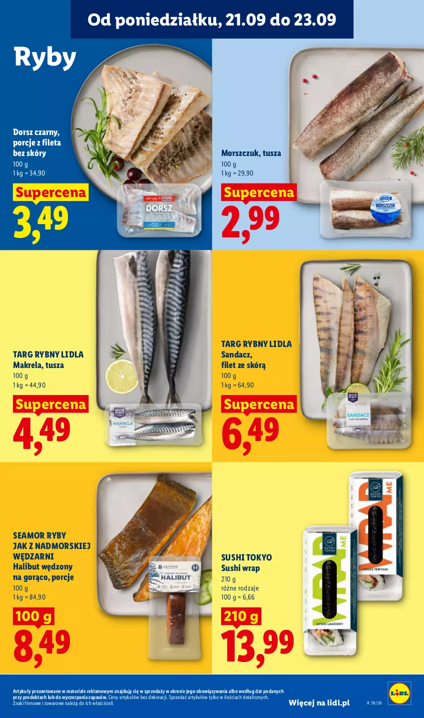 Gazetka promocyjna Lidl - Gazetka ważna od 21.09. do 23.09 - ważna 21.09 do 23.09.2026 - strona 65 - produkty: Dorsz, Halibut, Por, Sandacz, Sushi, Tusz