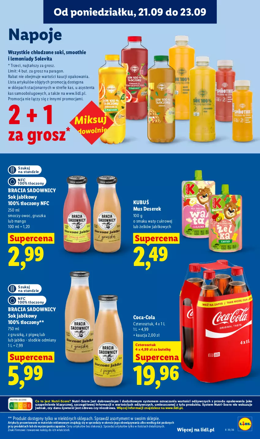 Gazetka promocyjna Lidl - Gazetka ważna od 21.09. do 23.09 - ważna 21.09 do 23.09.2026 - strona 77 - produkty: Coca-Cola, Deser, Kubuś, Mango, Mus, Napoje, Ser, Serek, Smoothie, Sok, Sok jabłkowy