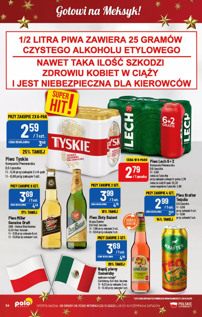 Gazetka promocyjna PoloMarket - Gazetka pomocyjna - ważna 16.11 do 22.11.2022 - strona 54 - produkty: Carlsberg, Napój, Piwo, Somersby, Tequila, Tyskie