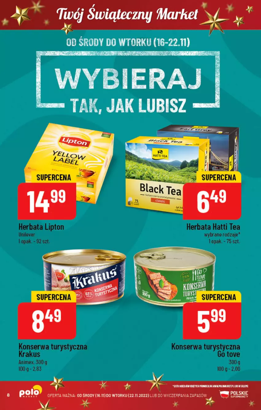 Gazetka promocyjna PoloMarket - Gazetka pomocyjna - ważna 16.11 do 22.11.2022 - strona 8 - produkty: Herbata, Konserwa turystyczna, Krakus, Lipton, Ser