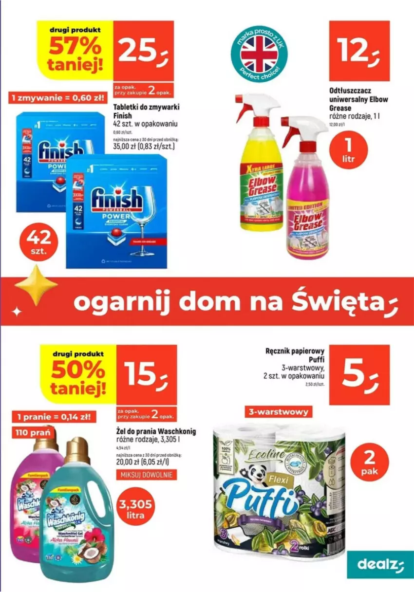 Gazetka promocyjna Dealz - ważna 19.12 do 24.12.2024 - strona 14 - produkty: Finish, Odtłuszczacz, Papier, Puf, Ręcznik, Tablet, Tabletki do zmywarki, Zmywarki