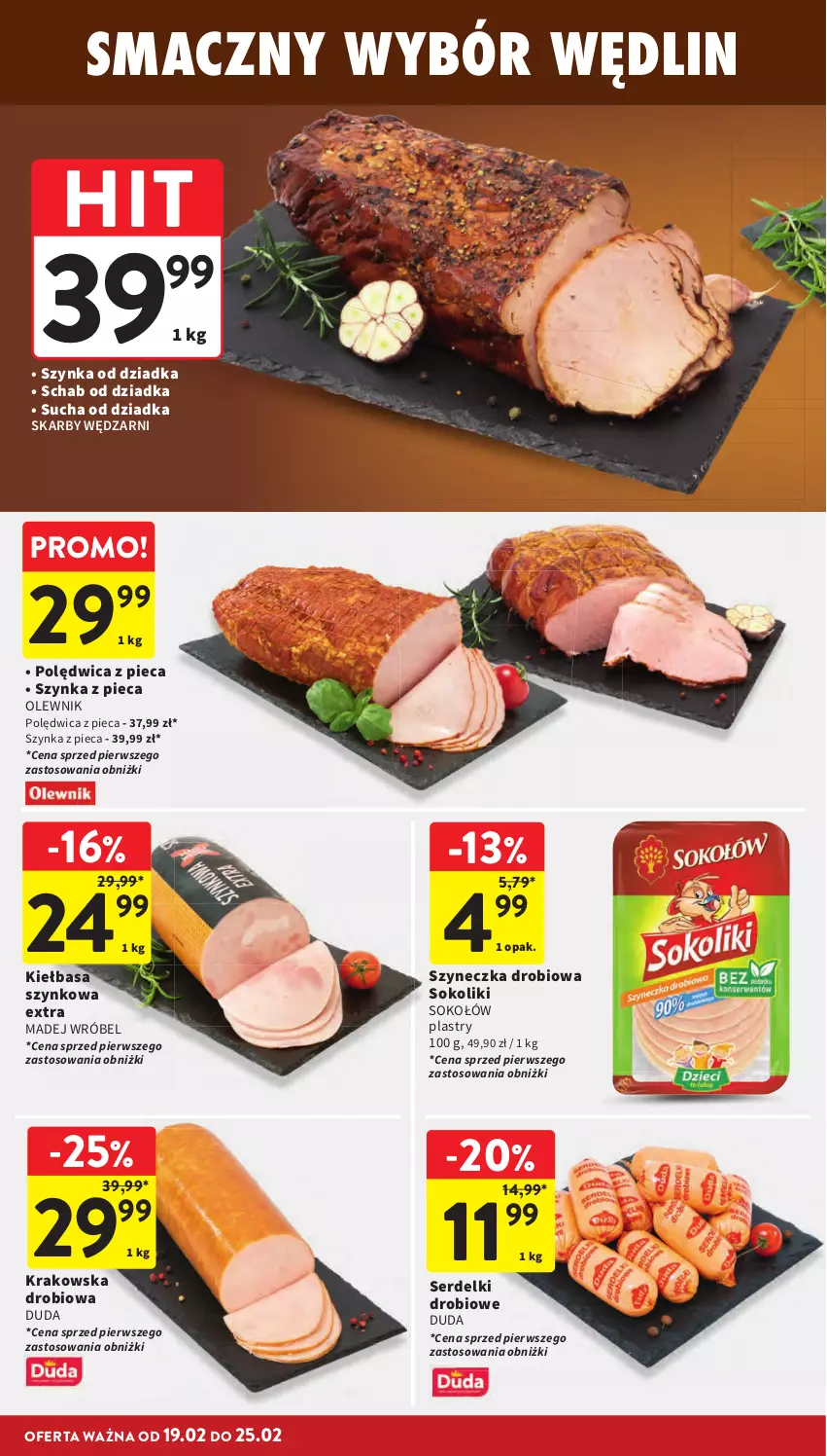 Gazetka promocyjna Intermarche - Gazetka promocyjna - ważna 19.02 do 25.02.2026 - strona 14 - produkty: Duda, Kiełbasa, Kiełbasa szynkowa, Madej Wróbel, Olewnik, Piec, Polędwica, Ser, Serdelki, Sok, Sokołów, Szynka