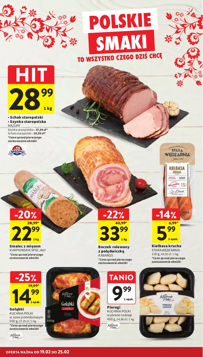 Gazetka promocyjna Intermarche - Gazetka promocyjna - ważna 19.02 do 25.02.2026 - strona 24 - produkty: Boczek, Kabanos, Kiełbasa, Kiełbasa krucha, Kuchnia, Pierogi, Smalec, Sos, Szynka