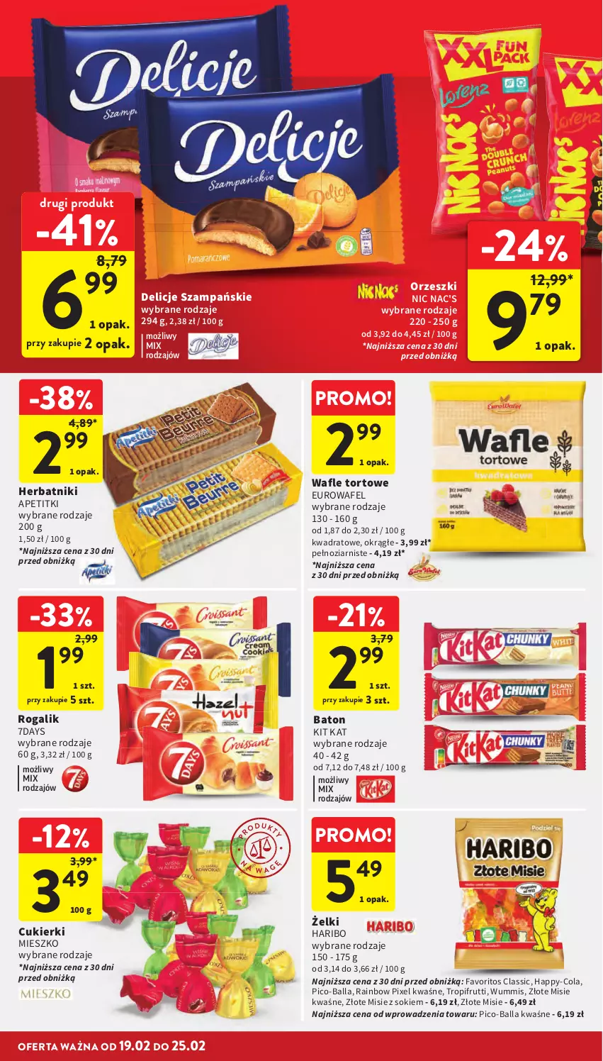 Gazetka promocyjna Intermarche - Gazetka promocyjna - ważna 19.02 do 25.02.2026 - strona 32 - produkty: Baton, Cukier, Cukierki, Delicje, Fa, Haribo, Herbatniki, Kit Kat, Orzeszki, Pico-Balla, Rogal, Sok, Wafle, Wafle tortowe