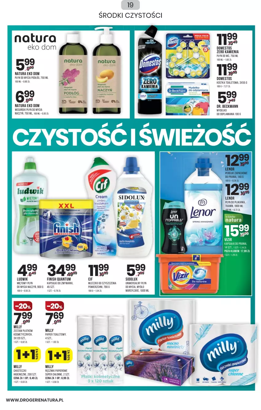 Gazetka promocyjna Drogerie Natura - Gazetka Drogerie Natura - ważna 27.01 do 09.02.2022 - strona 19 - produkty: Chusteczki, Cif, Do mycia naczyń, Domestos, Finish, Liczi, Ludwik, Mars, Mleczko, Mydło, Papier, Papier toaletowy, Płyn do mycia, Płyn do mycia naczyń, Płyn do mycia podłóg, Płyn do płukania, Ręcznik, Ręczniki papierowe, Sidolux, Zmywarki