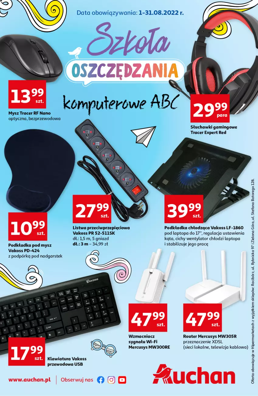 Gazetka promocyjna Auchan - Komputerowe ABC Hipermarkety - ważna 01.08 do 31.08.2022 - strona 1 - produkty: Acer, Klawiatura, Listwa, Mysz, Podkład, Podkładka, Podkładka pod mysz, Router, Ser, Słuchawki, Słuchawki gamingowe, Stek, Top