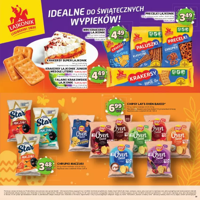 Gazetka promocyjna Stokrotka - Katalog Wielkanocny! - ważna 19.03 do 08.04.2026 - strona 23 - produkty: Camembert, Chipsy, Chrupki, Fa, Krakersy, Lajkonik, Lay’s, Mięso, Owoce, Precelki, Warzywa