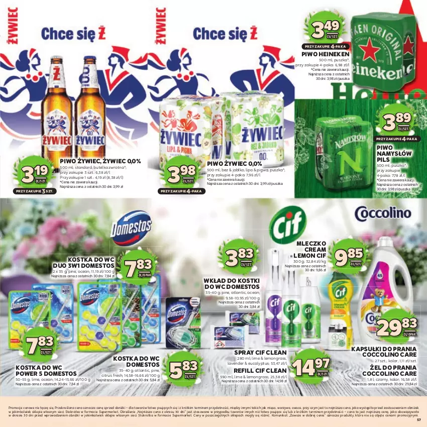 Gazetka promocyjna Stokrotka - Katalog Wielkanocny! - ważna 19.03 do 08.04.2026 - strona 57 - produkty: Cif, Coccolino, Domestos, Gra, Heineken, Kapsułki do prania, Kostka do wc, Mięso, Mleczko, Namysłów, Owoce, Piwo, Warzywa