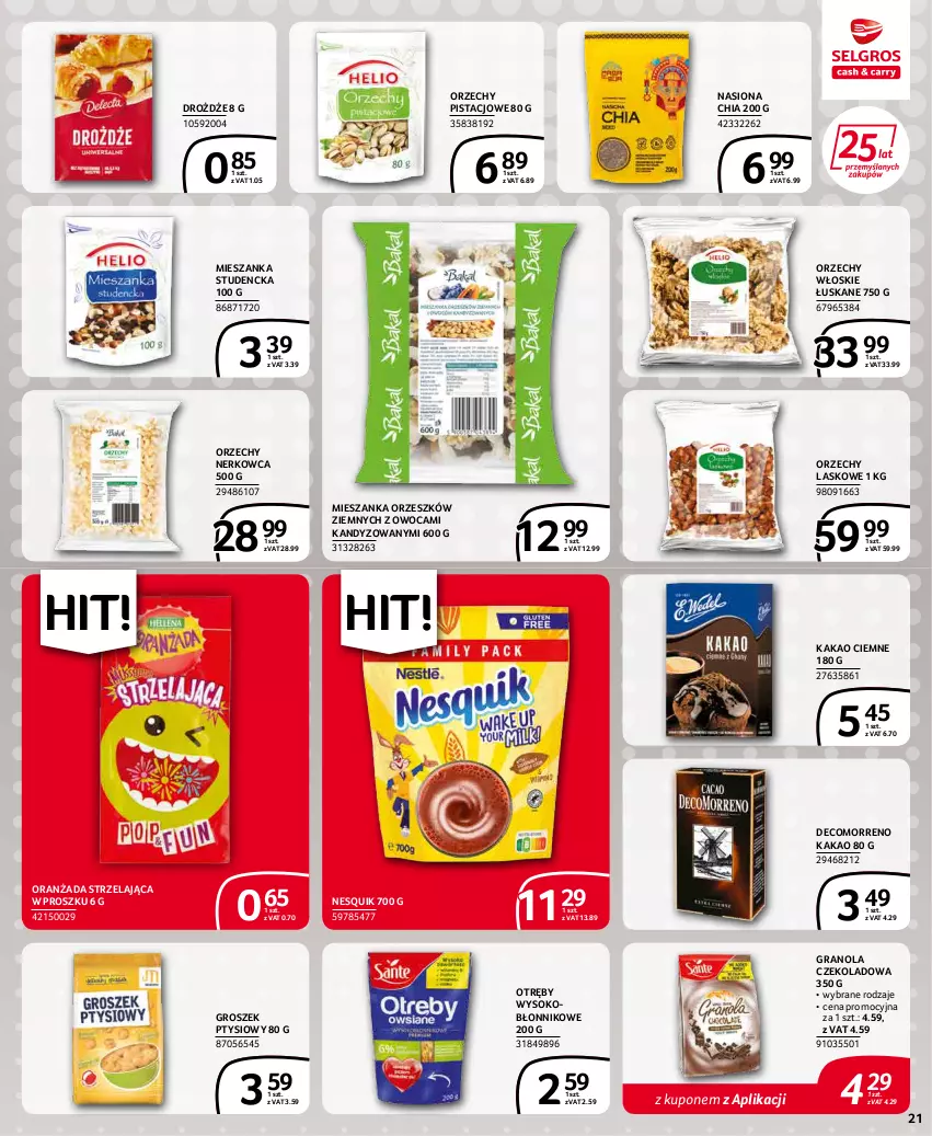 Gazetka promocyjna Selgros - Extra Oferta - ważna 01.05 do 31.05.2022 - strona 21 - produkty: Chia, Drożdże, Gra, Granola, Groszek, Groszek ptysiowy, Kakao, Mieszanka studencka, Nesquik, Oranżada, Orzechy włoskie, Sok