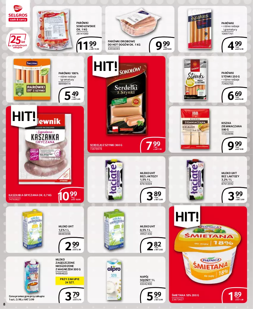 Gazetka promocyjna Selgros - Extra Oferta - ważna 01.05 do 31.05.2022 - strona 8 - produkty: Gra, Gry, Hot dog, Kasza, Kaszanka, Magnez, Mleko, Mleko zagęszczone, Napój, Parówki, Rama, Ser, Serdelki, Sok