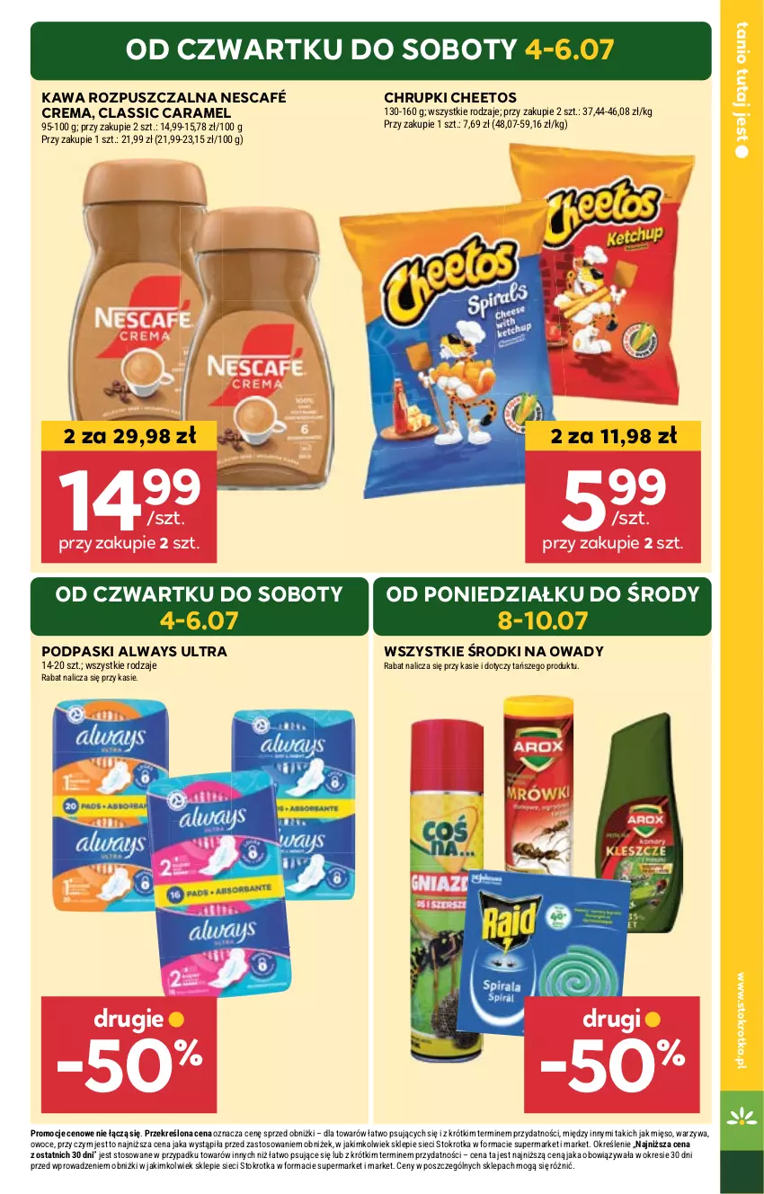 Gazetka promocyjna Stokrotka - Market - ważna 04.07 do 10.07.2024 - strona 3 - produkty: Always, Always Ultra, Cheetos, Chrupki, Kawa, Kawa rozpuszczalna, Mięso, Nescafé, Owoce, Podpaski, Warzywa