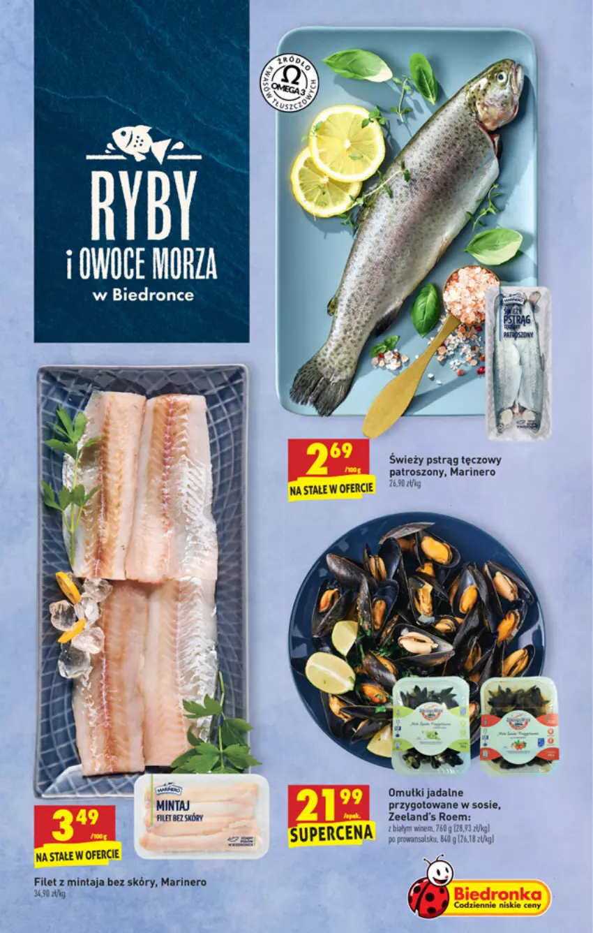 Gazetka promocyjna Biedronka - Nowy rok - ważna 03.01 do 09.01.2022 - strona 21 - produkty: Filet z mintaja, Mintaj, Omułki jadalne, Pstrąg, Pstrąg tęczowy, Sos