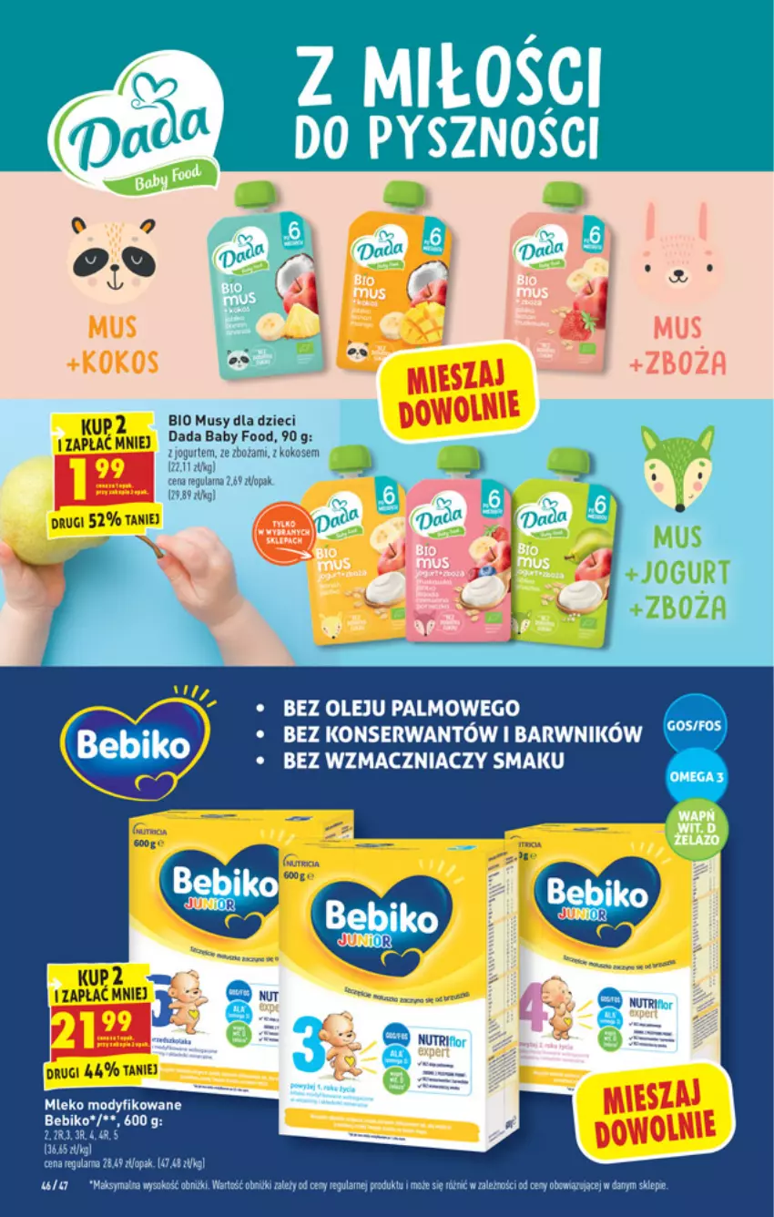 Gazetka promocyjna Biedronka - Nowy rok - ważna 03.01 do 09.01.2022 - strona 46 - produkty: Bebiko, Dada, Dzieci, EPEE, Jogurt, Kokos, Mleko, Mleko modyfikowane, Mus, Olej, Ser, Sok