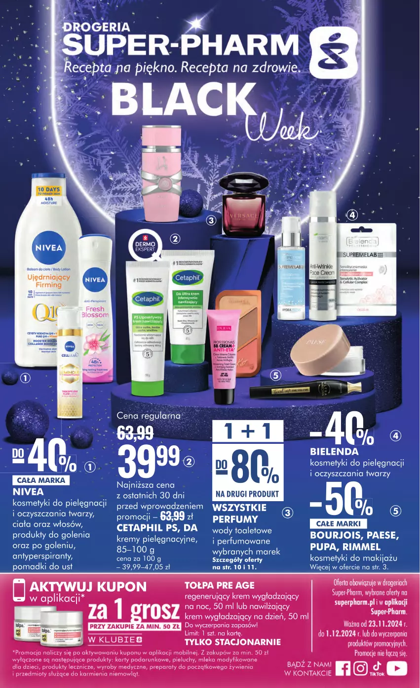 Gazetka promocyjna Super Pharm - ważna 23.11 do 01.12.2024 - strona 1 - produkty: Body, Bourjois, Cetaphil, Dzieci, Fa, Karmi, Kosmetyki do pielęgnacji, Krem wygładzający, Makijaż, Mobil, PAESE, Perfum, Pieluchy, Pupa, Tołpa, Znicz