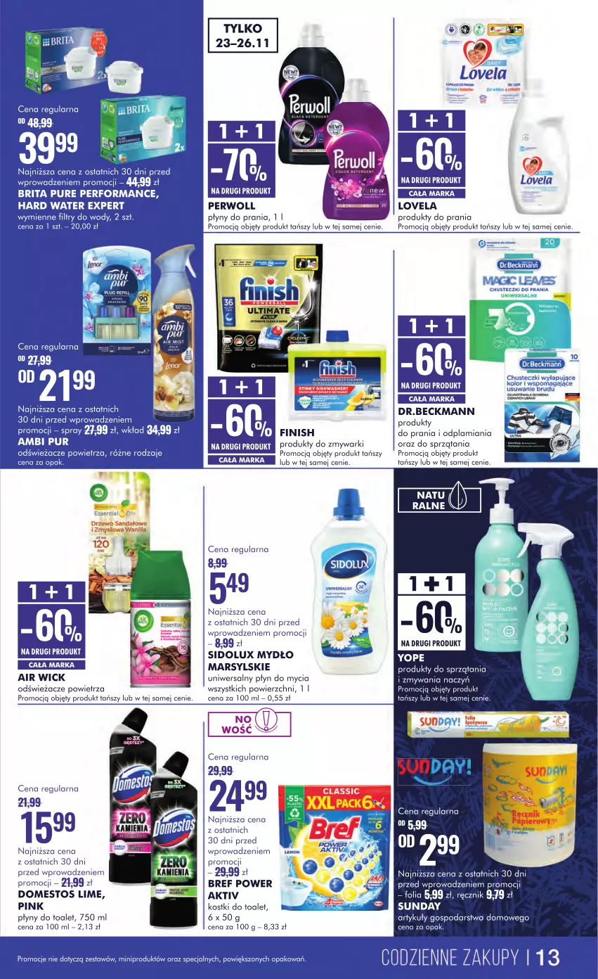 Gazetka promocyjna Super Pharm - ważna 23.11 do 01.12.2024 - strona 13 - produkty: Air Wick, Ambi Pur, Bref, Brit, Brita, Chusteczki, Chusteczki do prania, Domestos, Finish, Gra, K2, Lovela, Mars, Mydło, Perwoll, Płyn do mycia, Pur, Sandał, Sidolux, Yope, Zmywarki