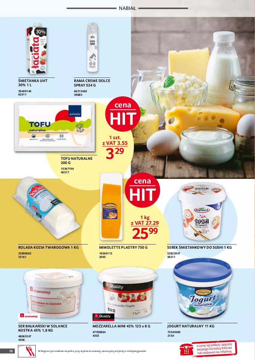 Gazetka promocyjna Selgros - Oferta gastronomiczna - ważna 27.12.2021 do 06.01.2022 - strona 10 - produkty: Jogurt, Jogurt naturalny, LG, Mimolette, Mozzarella, Rama, Rolada, Ser, Serek, Solan, Sushi, Tofu