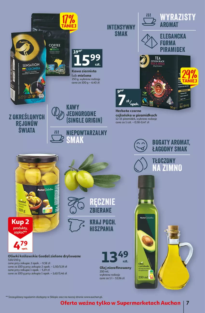 Gazetka promocyjna Auchan - Gazetka Wielkie majowe odkrycia cenowe część #3 Supermarket Auchan - ważna 11.05 do 17.05.2023 - strona 7 - produkty: Gin, Herbata, Herbata czarna, Kawa, Kawa ziarnista, Królewski, Olej, Oliwki