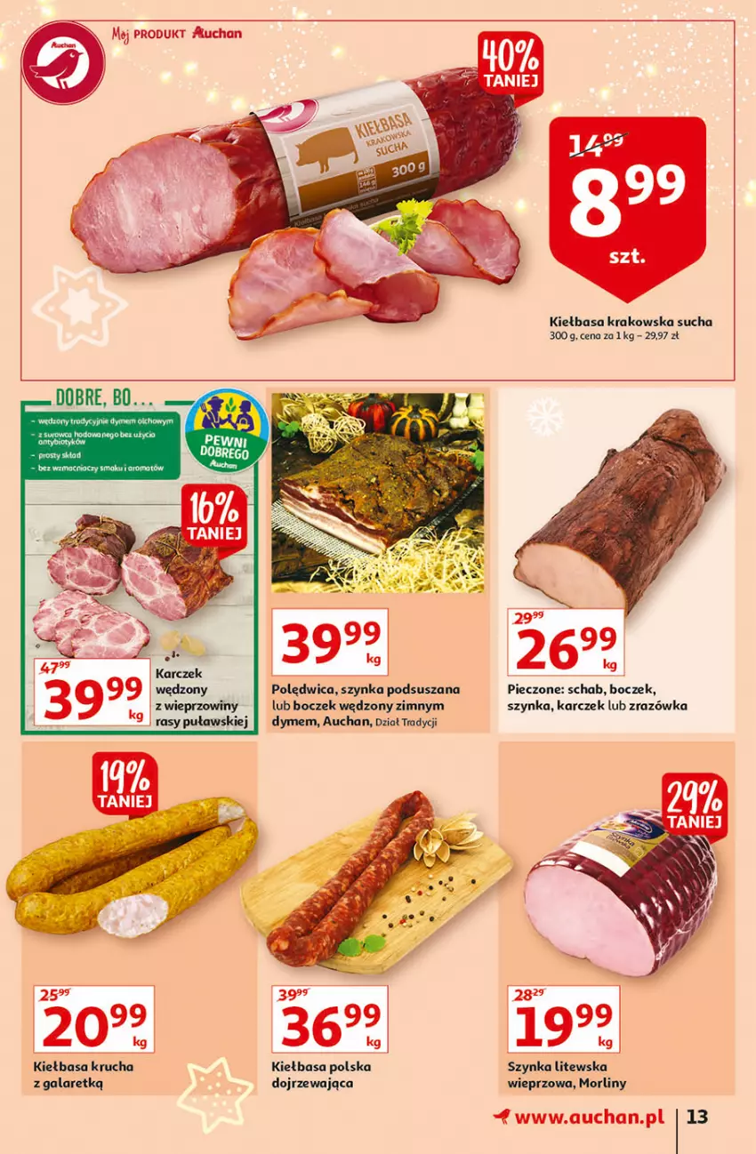 Gazetka promocyjna Auchan - Magia stołu wigilijnego Hipermarkety - ważna 16.12 do 24.12.2021 - strona 13 - produkty: Boczek, Gala, Jaja, Kiełbasa, Kiełbasa krakowska, Kiełbasa krucha, Morliny, Piec, Polędwica, Szynka