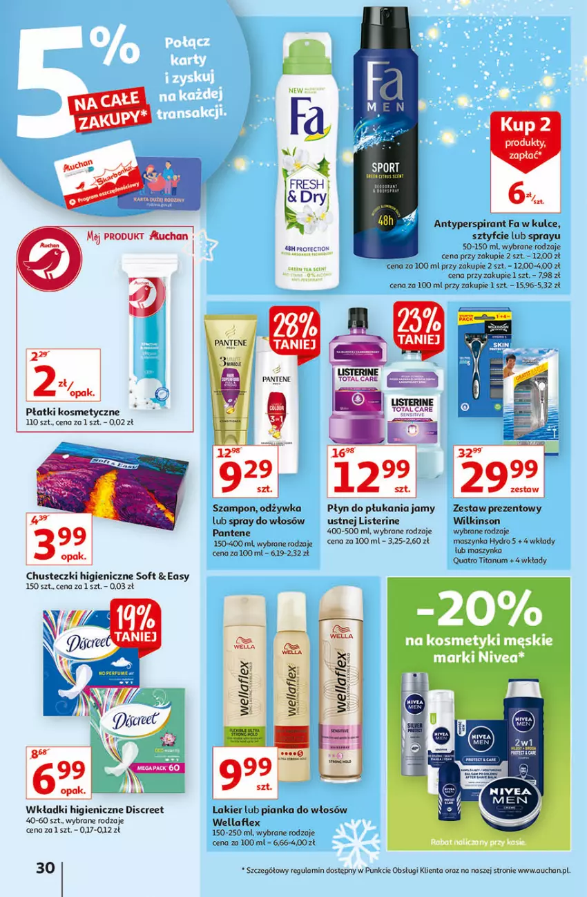 Gazetka promocyjna Auchan - Magia stołu wigilijnego Hipermarkety - ważna 16.12 do 24.12.2021 - strona 30 - produkty: Antyperspirant, Chusteczki, Discreet, Fa, Lakier, Listerine, Maszynka, Nivea, Pantene, Pianka do włosów, Płatki kosmetyczne, Szampon, Szynka, Wella, Wkładki, Zestaw prezentowy