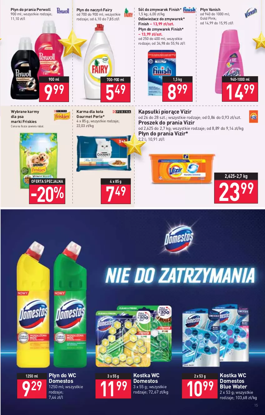 Gazetka promocyjna Stokrotka - Market - ważna 22.12 do 28.12.2021 - strona 15 - produkty: Domestos, Fa, Fairy, Finish, Friskies, Perwoll, Płyn do prania, Płyn do wc, Proszek do prania, Sól, Vanish, Vizir