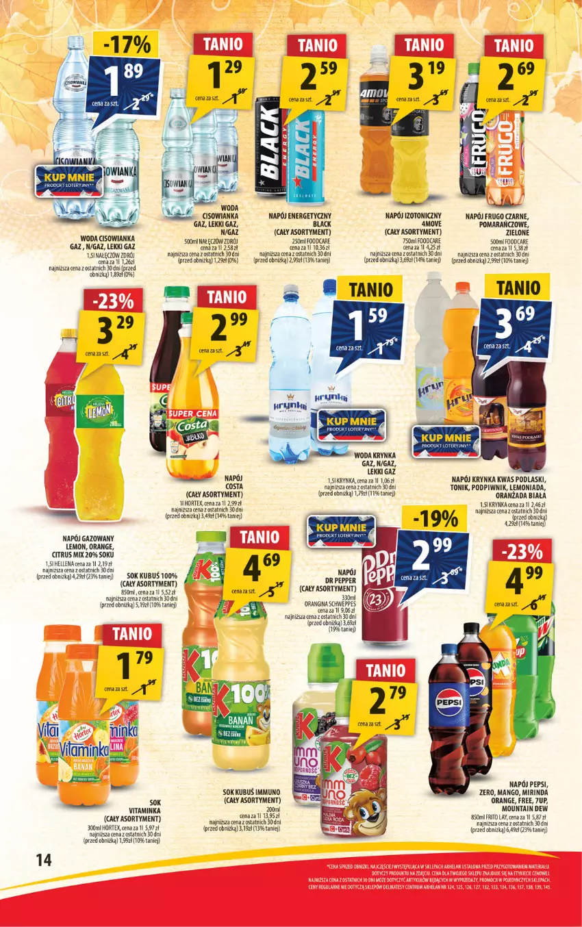 Gazetka promocyjna Arhelan - Gazetka - ważna 18.10 do 27.10.2024 - strona 14 - produkty: 7up, Cisowianka, Gin, Hellena, Hortex, Inka, Kubuś, Lemoniada, Mango, Mirinda, Napój, Napój energetyczny, Napój gazowany, Napój izotoniczny, Pepsi, Podlaski, Schweppes, Sok, Tonik, Woda