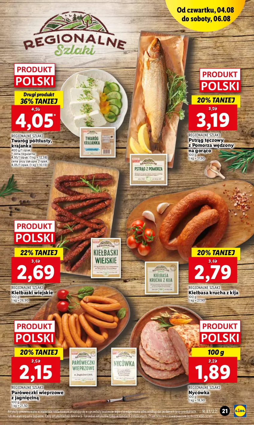 Gazetka promocyjna Lidl - GAZETKA - ważna 04.08 do 06.08.2022 - strona 21 - produkty: Kiełbasa, Kiełbasa krucha, Pstrąg, Pstrąg tęczowy, Twaróg, Twaróg półtłusty