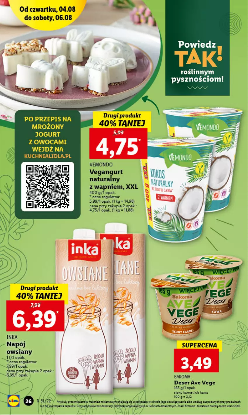 Gazetka promocyjna Lidl - GAZETKA - ważna 04.08 do 06.08.2022 - strona 26 - produkty: Bakoma, Deser, Inka, Jogurt, Kawa, Napój, Ser, Vegangurt