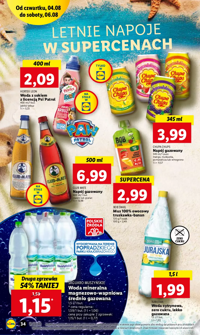 Gazetka promocyjna Lidl - GAZETKA - ważna 04.08 do 06.08.2022 - strona 34 - produkty: Arbuz, Chupa Chups, Gra, Granat, Hortex, Leon, Magnez, Mango, Mus, Napój, Napój gazowany, Napoje, Psi Patrol, Sok, Wino, Woda, Woda mineralna