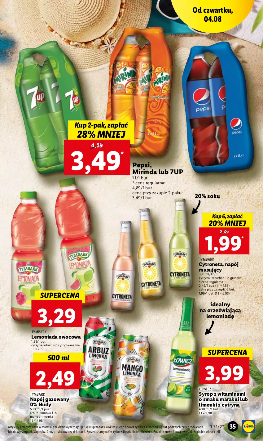 Gazetka promocyjna Lidl - GAZETKA - ważna 04.08 do 06.08.2022 - strona 35 - produkty: 7up, Arbuz, Lemoniada, Limonka, Mango, Mirinda, Mus, Napój, Napój gazowany, Napój musujący, Pepsi, Sok, Syrop, Tymbark