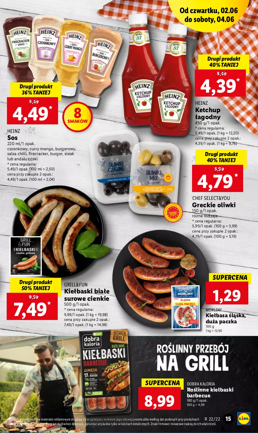 Gazetka promocyjna Lidl - GAZETKA - ważna 02.06 do 04.06.2022 - strona 15 - produkty: Burger, Grill, Heinz, Ketchup, Kiełbasa, Kiełbasa śląska, Kiełbaski białe, Mango, Morliny, Oliwki, Roślinne kiełbaski, Salsa, Sos