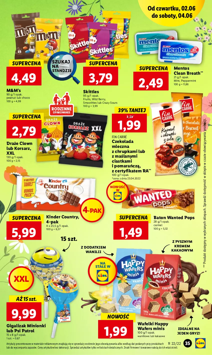 Gazetka promocyjna Lidl - GAZETKA - ważna 02.06 do 04.06.2022 - strona 35 - produkty: Baton, Ciastka, Czekolada, Czekolada mleczna, Gry, Kakao, Kinder, Mentos, Psi Patrol, Smoothie