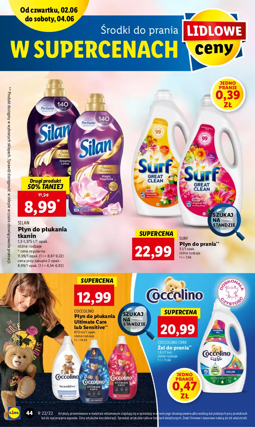 Gazetka promocyjna Lidl - GAZETKA - ważna 02.06 do 04.06.2022 - strona 44 - produkty: Coccolino, Płyn do płukania, Płyn do prania, Silan, Surf