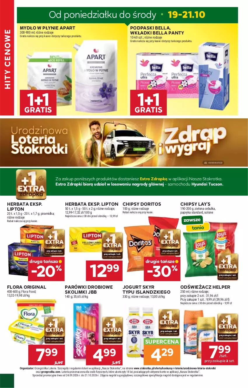 Gazetka promocyjna Stokrotka - Market - ważna 15.10 do 21.10.2026 - strona 18 - produkty: Bell, Bella, Chipsy, Flora, Gin, Gra, Herbata, Isla, Jogurt, Lay’s, Lipton, Mydło, Mydło w płynie, Papryka, Parówki, Podpaski, Wkładki