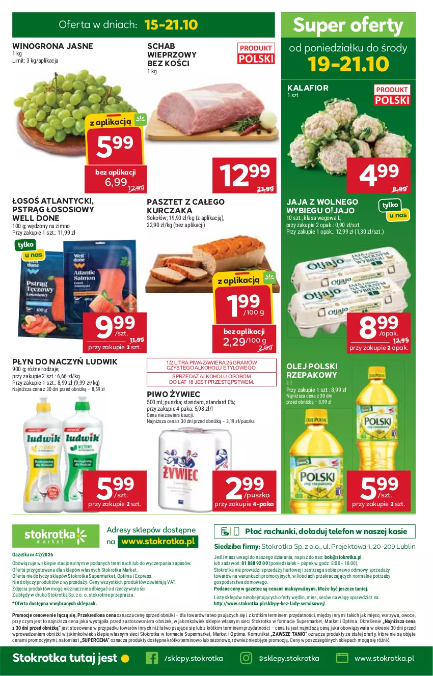 Gazetka promocyjna Stokrotka - Market - ważna 15.10 do 21.10.2026 - strona 35 - produkty: Dres, Gra, Jaja, Jaja z wolnego wybiegu, Kalafior, Kurczak, Ludwik, Mięso, O nas, Olej, Optima, Owoce, Pasztet, Piwa, Piwo, Pstrąg, Pstrąg łososiowy, Schab wieprzowy, Ser, Sok, Sokołów, Sos, Telefon, Wagi, Warzywa, Wino, Winogrona