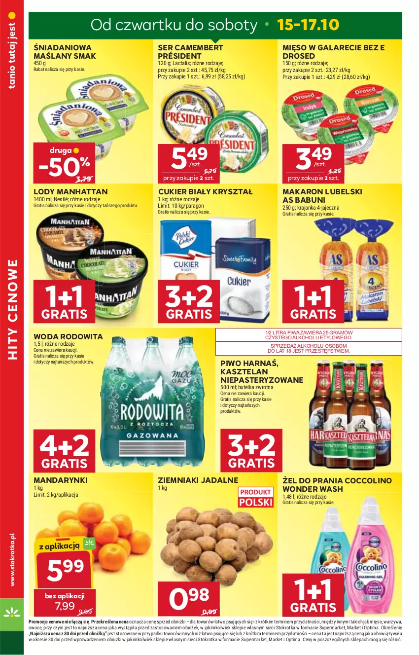 Gazetka promocyjna Stokrotka - Market - ważna 15.10 do 21.10.2026 - strona 4 - produkty: Babuni, Camembert, Coccolino, Cukier, Danio, Gala, Gra, Harnaś, Kasztelan, Lody, Makaron, Mandarynki, Mięso, Mięso w galarecie, Nestlé, Optima, Owoce, Piwa, Piwo, Président, Ser, Warzywa, Woda, Ziemniaki