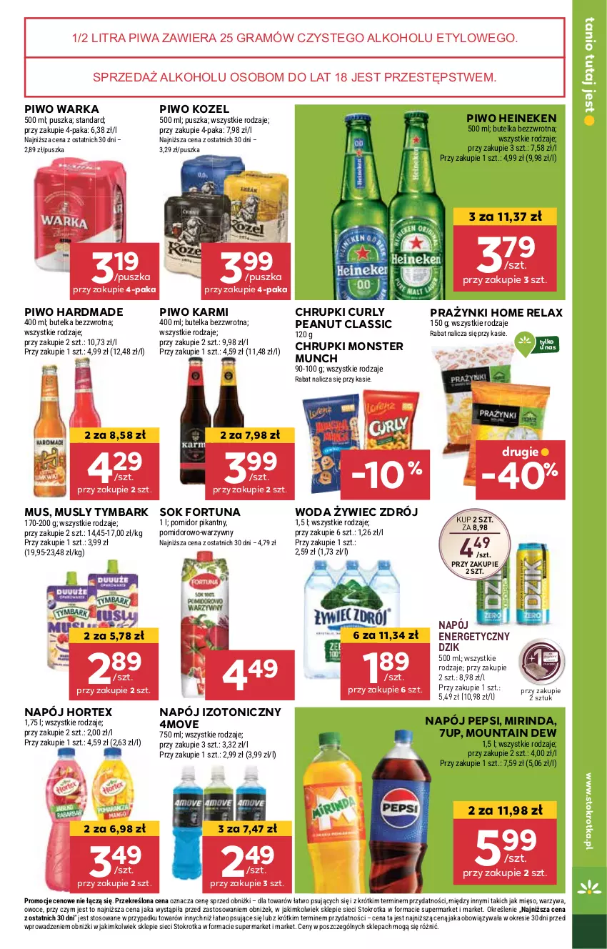 Gazetka promocyjna Stokrotka - Market - ważna 24.10 do 29.10.2024 - strona 17 - produkty: 7up, Chrupki, Fortuna, Gra, Heineken, Hortex, Karmi, Kozel, Mięso, Mirinda, Monster Munch, Mus, Napój, Napój energetyczny, Napój izotoniczny, Owoce, Pepsi, Piwa, Piwo, Sok, Tymbark, Warka, Warzywa, Woda