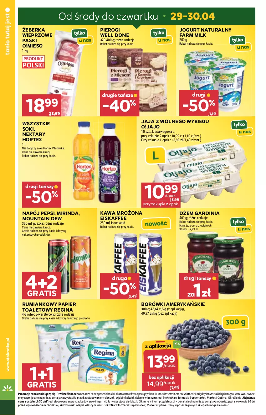 Gazetka promocyjna Stokrotka - Market - ważna 29.04 do 06.05.2026 - strona 2 - produkty: Dżem, Fa, Farm Milk, Gin, Gra, Hortex, Inka, Jaja, Jaja z wolnego wybiegu, Jogurt, Jogurt naturalny, Kawa, Mięso, Mirinda, Napój, Nektar, Optima, Owoce, Papier, Papier toaletowy, Pepsi, Pierogi, Rum, Sok, Warzywa
