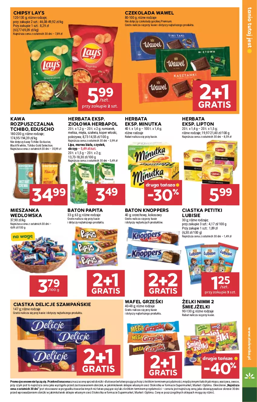 Gazetka promocyjna Stokrotka - Market - ważna 29.04 do 06.05.2026 - strona 21 - produkty: Baton, Chipsy, Ciastka, Czekolada, Delicje, Gra, Grześki, Herbapol, Herbata, Kawa, Kawa rozpuszczalna, Knoppers, Kokos, Koper włoski, Lack, Lipton, Lubisie, Mięso, Mieszanka wedlowska, Mięta, Optima, Owoce, Rum, Stek, Tchibo, Warzywa, Wawel